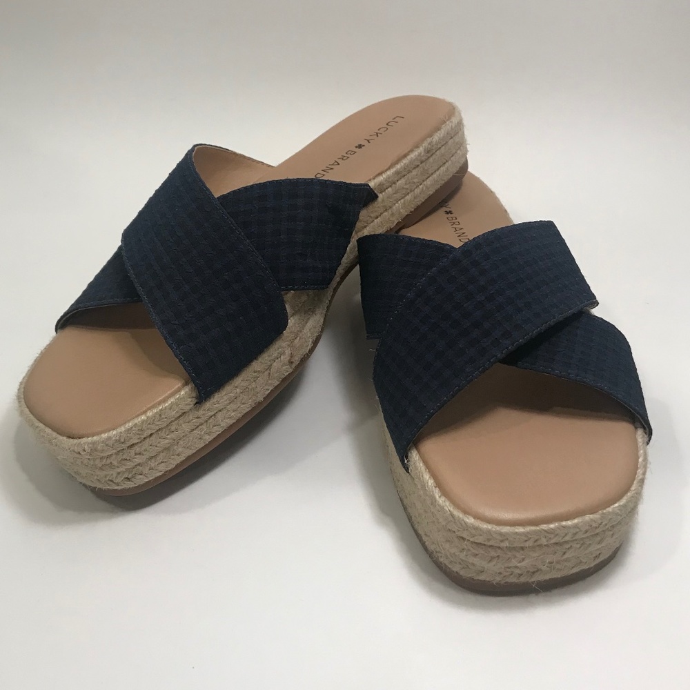 Lucky Brand Gayte Platform Sandal Navy Peacoat Checked Seersucker Size 9 - NWOT